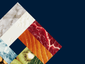 Abstract collage of cotton, milk, meat, fish, kiwi, and vegetables.