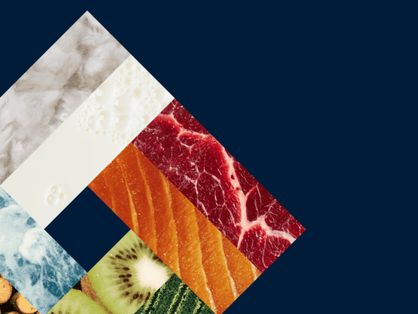 Abstract collage of cotton, milk, meat, fish, kiwi, and vegetables.