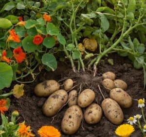 Freshly harvested potatoes with green leaves and colorful flowers.
