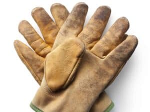 Worn brown leather work gloves on white background