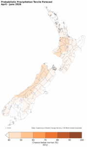 Probabilistic precipitation forecast map showing dry chance in New Zealand.