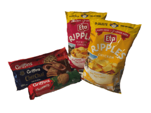 Assortment of Eta Ripples chips and Griffin's biscuits packages.