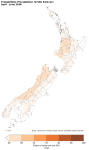 Probabilistic precipitation forecast map of New Zealand, April-June 2026.
