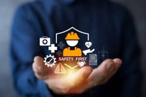 Safety first concept with worker helmet and icons in hand