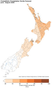 New Zealand dry precipitation forecast map June to August 2026