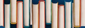 Rows of closed books with colorful hardcover spines visible